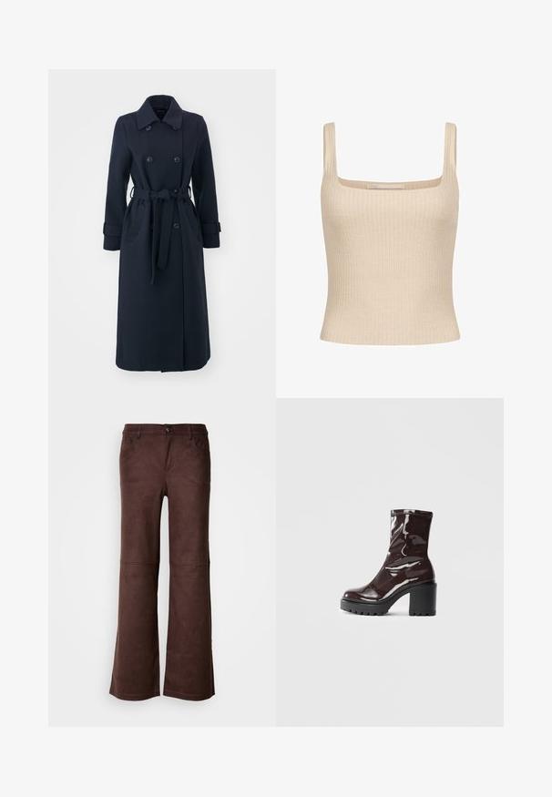 Trench coat blu navy realizzato in tessuto misto lana, con chiusura doppiopetto, vita con cintura e tasche laterali.; Top a canotta beige a coste con scollatura quadrata e spalline sottili, con un design aderente e una texture morbida. Etichetta del marchio visibile.; Pantaloni a palazzo marroni in un tessuto morbido simile al suede. Presentano quattro tasche, una chiusura con bottone e una superficie liscia e testurizzata.; Stivale alla caviglia bordeaux lucido con un tacco spesso nero, caratterizzato da una superficie liscia e un design semplice. Nessuna chiusura visibile o motivo.