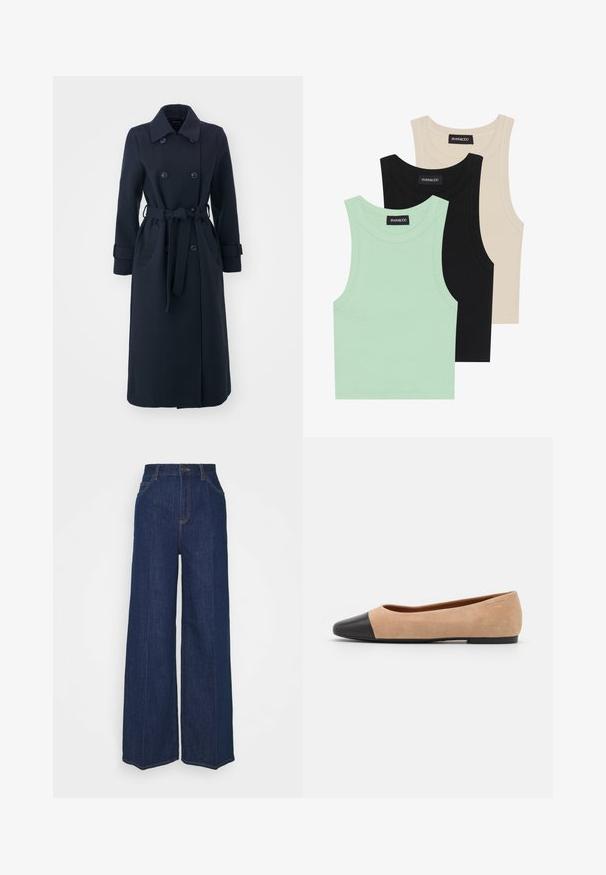 Marineblauer Trenchcoat aus Wollmischgewebe mit doppelter Knopfleiste, tailliertem Gürtel und seitlichen Taschen.; Drei Tanktops in Mintgrün, Schwarz und Beige; aus geripptem Stoff mit Rundhalsausschnitt und ohne Ärmel. Markenlabel sichtbar.; Hochtaillierte, weit geschnittene, dunkelblaue Jeans aus Denim mit Front- und Gesäßtaschen, Knopfverschluss und sichtbaren Nähdetails.; Beige Wildleder Ballerina mit einer runden Zehenkappe aus schwarzem Leder, niedrigem Absatz und glatter Textur, mit minimaler Nahtverarbeitung und klarem Design.
