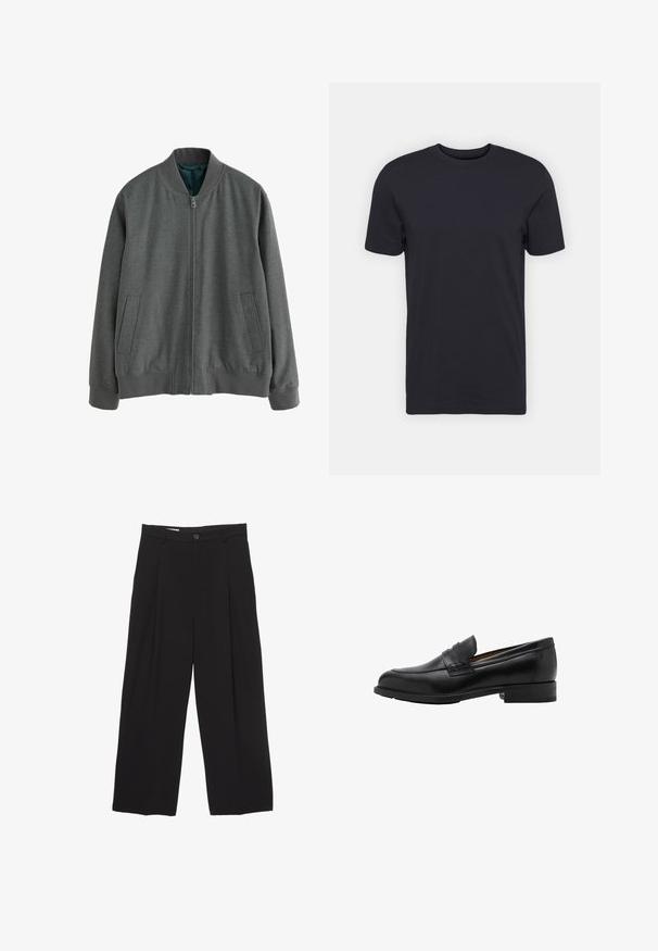 Siva bomber jakna s patent zatvaranjem, rebrastim manžetama i rubom te s dva bočna džepa. Izrađena od teksturiranog materijala s glatkom unutrašnjom podstavom.; Crna pamučna majica, kratki rukavi, okrugli izrez, jednobojna, lagani materijal, glatka tekstura, bez vidljivih uzoraka ili grafika.; Crne široke hlače od glatkog materijala, s ravnim pojasom, prednjim nabranim detaljima i zatvaranjem na jedan gumb.; Crne kožne loafers c revama sprijeda i ravnim potplatom. Glatka tekstura s okruglim vrhom i ukrasnom trakom preko instep-a.