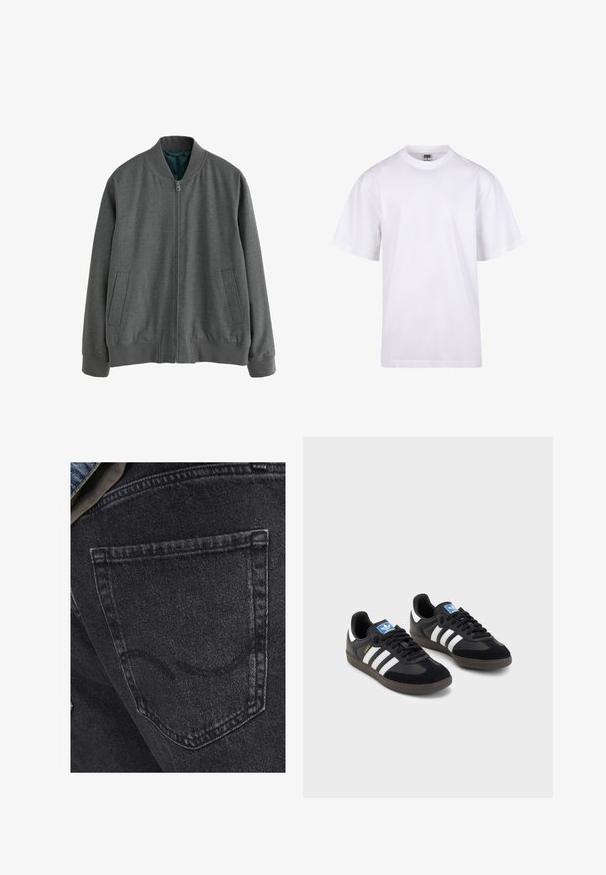Graue Bomberjacke mit einem Reißverschluss vorne, gerippten Bündchen und Saum sowie zwei seitlichen Taschen. Hergestellt aus strukturiertem Stoff mit einem glatten Innenfutter.; Weißes Baumwoll-T-Shirt mit Rundhalsausschnitt, kurzen Ärmeln und lockerer Passform. Hat ein schlichtes Design ohne Muster oder Akzente.; Schwarze Denim-Jeans mit einer Gesäßtasche und subtilen Nähdetails. Die Textur ist leicht abgenutzt mit einem weichen, verblassten Finish.; Schwarze Sneaker mit einem Obermaterial aus Wildleder und Synthetik, ausgestattet mit drei weißen Streifen, einer strukturierten Gummi-Sohle und einem blauen Logo-Tag auf der Zunge.