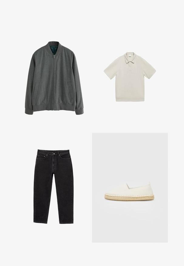 Szara kurtka bomberka z zamkiem błyskawicznym z przodu, ściągaczami na mankietach i dolnej krawędzi oraz dwoma bocznymi kieszeniami. Wykonana z teksturowanego materiału z gładką podszewką.; Mango - Koszulka polo; Czarne dżinsy z wysokim stanem, prostą nogawką, z przodu z guzikami, zamkiem błyskawicznym, szlufkami na pasek oraz pięcioma kieszeniami.; Białe espadryle z płótna z podeszwą z juty, okrągłym noskiem i elastycznymi bokami dla łatwego zakładania. Płaski fason, minimalistyczny styl.