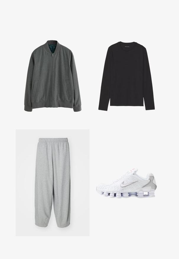 Harmaa pommijakku, jossa on vetoketju edessä, ribbihihansuut ja -helma sekä kaksi sivutaskua. Valmistettu tekstuuripinnoitteisesta kankaasta, jossa on sileä sisävuori.; Musta pitkähihaista paitaa, joka on valmistettu pehmeästä kankaasta. Ominaisuutena on pyöreä pääntie ja yksinkertainen muotoilu ilman kuvioita tai koristeita.; Vaaleanharmaat, löysät collegehousut, jotka on valmistettu pehmeästä kankaasta. Joustava vyötärö ja resorit nilkoissa. Yksinkertainen ja koristelematon muotoilu.; Valkoinen urheilukenkä, jossa on teksturoidusta verkosta valmistettu päällinen, hopeinen Nike-logo, pehmustettu planteeri ja ainutlaatuinen läpinäkyvä muovipohja, jossa on jouset.