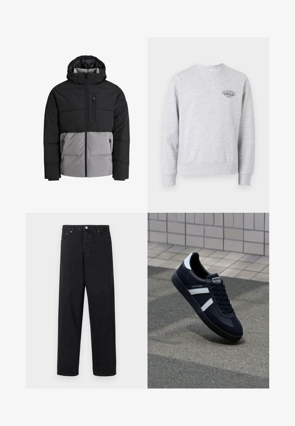 Puffer jacket featuring a black upper section and gray lower section, with a hood, front zipper, and a chest pocket, made of insulated fabric.; Gray sweatshirt with a crew neckline, ribbed cuffs and hem, featuring a small black logo on the chest. Made of soft, textured fabric.; Black high-waist straight-leg jeans with button closure, belt loops, and front and back pockets on a white background.; Black leather sneaker with white stripes, textured rubber sole, and lace-up front. Features a branded label on the tongue.