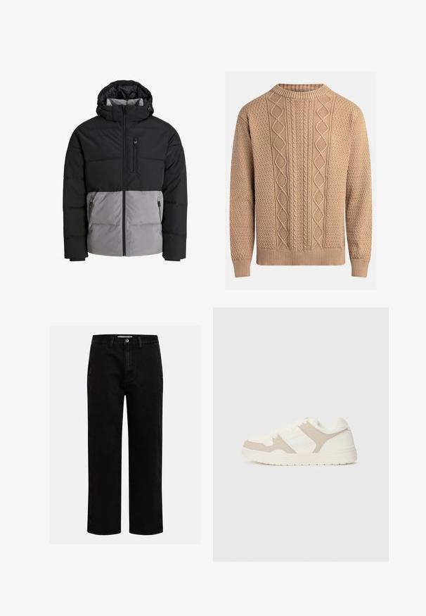 Daunenjacke mit schwarzem Oberteil und grauem Unterteil, ausgestattet mit Kapuze, Frontreißverschluss und einer Brusttasche, aus isoliertem Material gefertigt.; Beiger Strickpullover mit strukturierten Mustern. Verfügt über einen Rundhalsausschnitt, gerippte Bündchen und unterschiedliche Zopfmuster auf der Vorderseite.; Schwarze Jeanshose mit geradem Schnitt, klassischem Fünf-Taschen-Design und einem Knopfverschluss an der Taille. Glatte Textur und strapazierfähiger Stoff.; Weiße und beige Sneaker mit einer Kombination aus glatten und Wildleder-Oberflächen, runder Zehenpartie, Schnürverschluss und flacher Gummisohle.