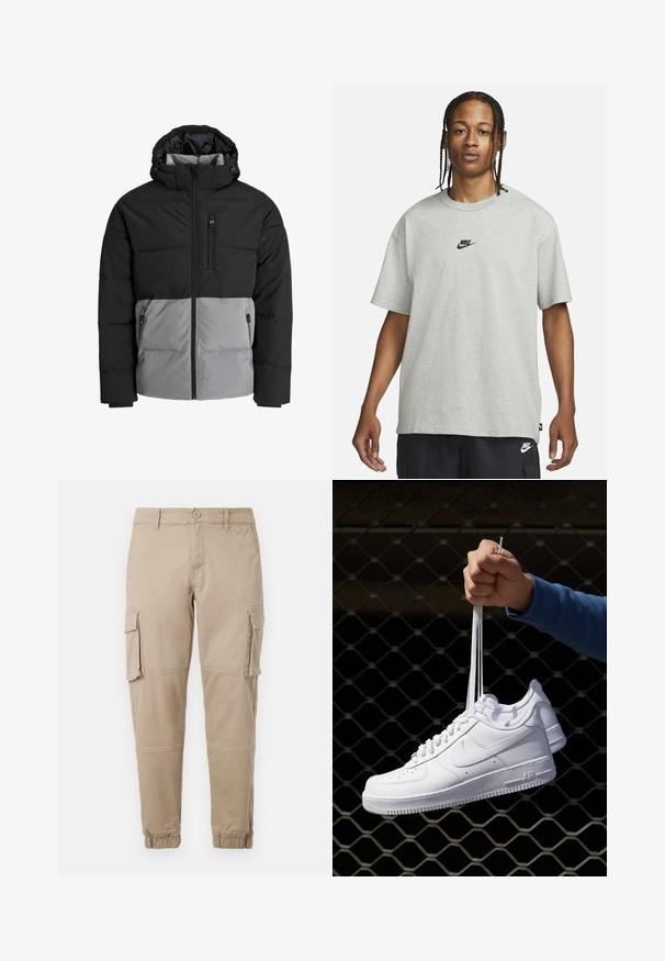 Puffer jacket featuring a black upper section and gray lower section, with a hood, front zipper, and a chest pocket, made of insulated fabric.; Young person with braided hair wearing a light gray Nike T-shirt and black Nike shorts against a plain white background.; Beige cargo pants in a lightweight cotton material. Features elastic cuffs, multiple side pockets, and a button closure.; White leather sneakers with perforations, round toe, flat sole, and thick laces, featuring a visible swoosh logo and "AIR" on the heel.