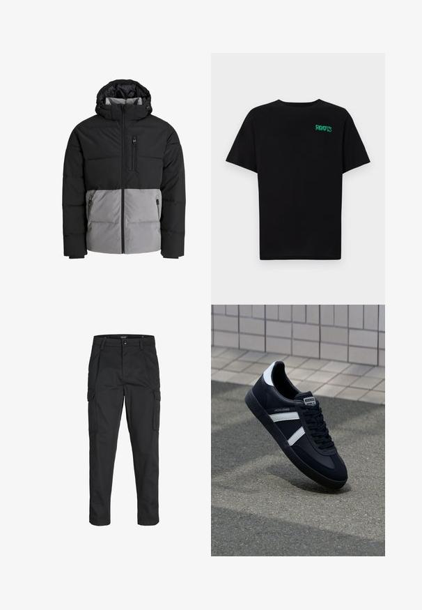 Puffer jacket featuring a black upper section and gray lower section, with a hood, front zipper, and a chest pocket, made of insulated fabric.; Black t-shirt made of cotton with short sleeves. Features a green "ROOTS" logo on the front, round neckline, and standard fit.; Black cargo pants made of sturdy fabric, featuring multiple pockets, a button closure, and a slim fit design with tapered legs.; Black leather sneaker with white stripes, textured rubber sole, and lace-up front. Features a branded label on the tongue.