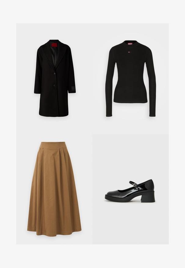 Melnas vilnas maisījuma mētelis ar izgrieztu apkakli, vienu pogu, divām kabatām un logotipa akcentu uz piedurknes. Gluda tekstūra, garas piedurknes.; Melna garu piedurkņu krekls, kas izgatavots no ribu auduma, ar apaļu kakla izmēru un mazu sarkanu Diesel logotipu izšuvumu uz krūtīm.; Brūna kokvilnas A formas svārki ar augstu jostasvietu, kurai priekšā ir krokas un gluda tekstūra. Apakšmala ir tīra un vienkārša.; Melni lakoti Mary Jane zābaki ar noapaļotu purngalu, regulējamu siksniņu un masīlu kvadrātveida papēdi. Iespējo teksturēta zole.