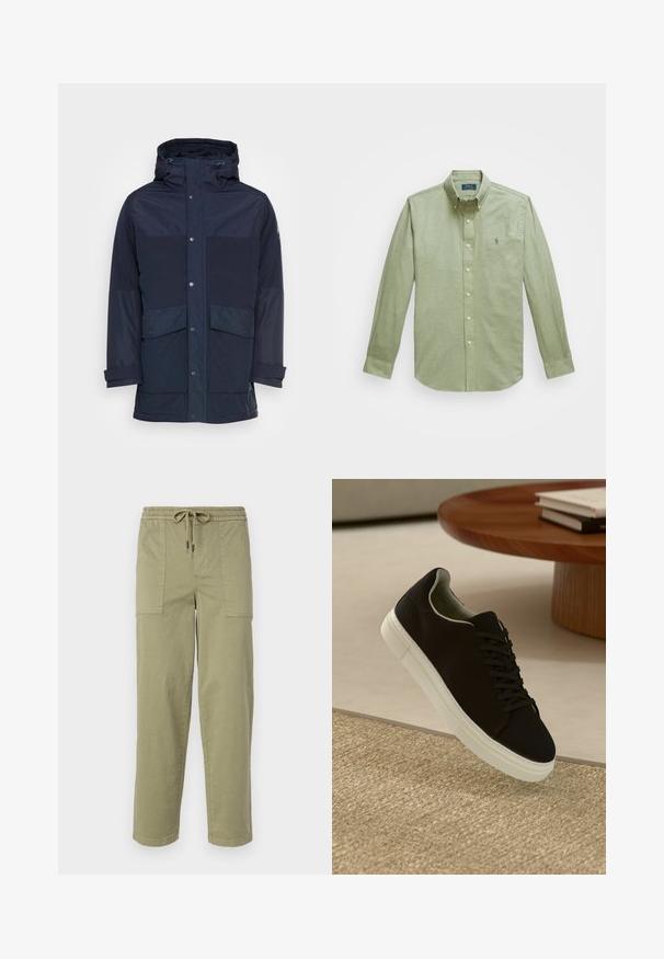 Pepe Jeans LOCKE - Parca - dulwich; Camisa de botão de manga longa verde-claro, com colarinho pontudo, um pequeno logótipo bordado no peito e botões de pérola.; Calças verde-oliva claras feitas de um tecido de algodão misto, com um cós elástico com cordão e dois bolsos laterais grandes.; Sneaker preto com sola branca flutuando acima de um tapete texturizado bege, perto de uma mesa redonda de madeira com livros empilhados.