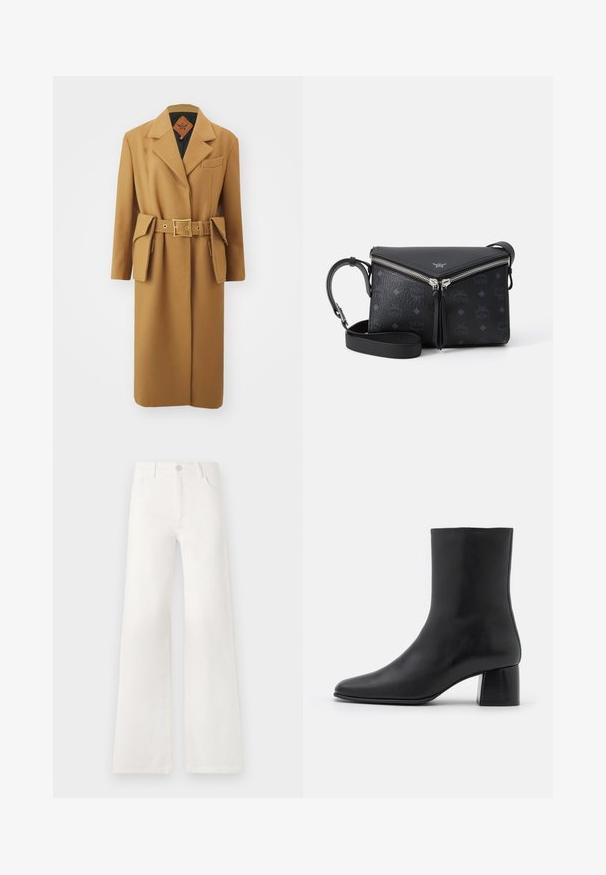 MCM BELT COAT - Klassischer Mantel - cognac; Beige gestrickter Pullover mit tiefem V-Ausschnitt, langen Ärmeln und taillierter Passform, die auf der Vorderseite zwei große runde Knöpfe aufweist.; Ärmelloses Rollkragenoberteil mit vertikalen schwarz-weißen Streifen, hergestellt aus einem strukturierten Strickstoff und mit einem hohen, eng anliegenden Kragen.; Weiße, hoch taillierte, weite Jeans aus Denim. Verfügt über einen Knopfverschluss, zwei Fronttaschen und Seitennähte mit Stickdetails.; Schwarze Leder-Ankle-Boots mit spitzer Zehenpartie und einem klobigen, quadratischen Absatz. Glatte Textur mit nahtlosem Design und minimalistischem Nähen.; Schwarze Ledertasche für die Schulter mit silbernem, V-förmigem Reißverschluss, geprägtem Logo-Muster und verstellbarem Tragegurt auf weißem Hintergrund.