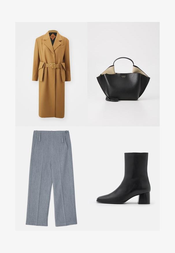 MCM BELT COAT - Klassisk frakke - cognac; Beige strikket sweater med dyb V-hals, lange ærmer og et tætsiddende talje med to store runde knapper fortil.; Ærmeløs turtleneck-top med lodrette sorte og hvide striber, lavet af en struktureret strikket stof, med en høj, tætsiddende krave.; Lys grå, vidde bukser lavet af struktureret stof, med to frontfolder og to sidelommer. Ren, skræddersyet design.; Sorte læder ankelstøvler med spids tå og en kraftig firkantet hæl. Glat overflade med et sømløst design og minimalistisk syning.; Ree Projects ANN TOTE MINI - Håndtasker - black