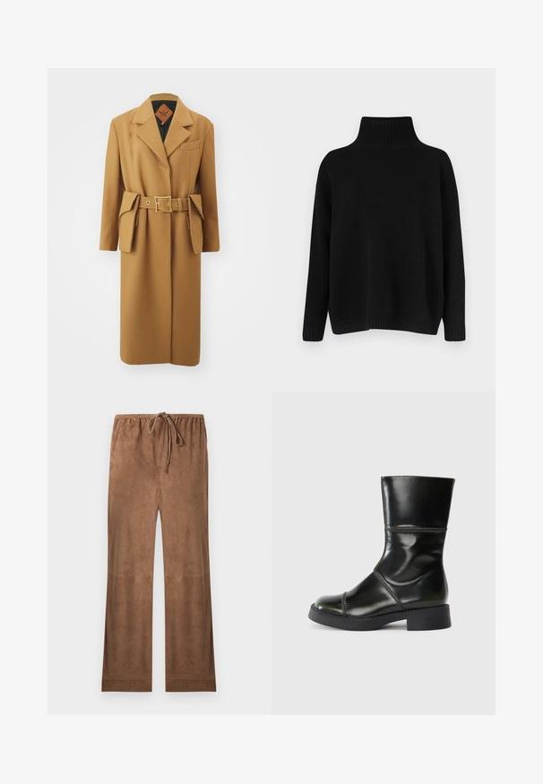 MCM BELT COAT - Klasikinis paltas - cognac; Juodas megztinis megztas, su aukštu ribuotu apykakliu, nuleistais pečiais ir laisvo silueto. Turi ribotas rankogalius ir apačią, suteikiančias tekstūros.; Rudos, iš minkštos zomšos tipo medžiagos pagamintos kelnes su elastinga juosmens juosta. Jos turi raištelį juosmenyje ir platėjančius kelnių apačią, suteikiančią laisvą prigludimą.; Juodas odinis kulkšninis botas su apvaliu smaigaliu, lygia danga, kontrastingomis siūlėmis ir storu kulnu, turintis šiek tiek siaurėjantį siluetą.