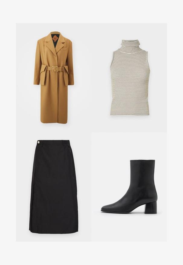 MCM BELT COAT  - Klassinen takki - cognac; Hihaton poolopaita, jossa on pystysuorat mustat ja valkoiset raidat, valmistettu teksturoidusta neulekankaasta, ja siinä on korkea, tiukka kaulus.; Musta polvipitkä hame, joka on valmistettu sileästä kankaasta ja jossa on edessä halkio sekä metallinen nappi vyötärön kohdalla.; Mustat nahkasaappaat nilkkakorkeudella, joissa on terävä kärki ja tukeva neliön muotoinen korko. Sileä pinta, saumaton muotoilu ja minimalistinen ommel.