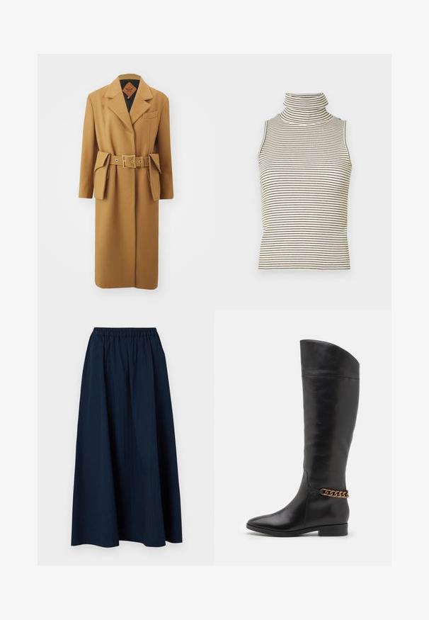 MCM BELT COAT - Klassisk frakke - cognac; Ærmeløs turtleneck-top med lodrette sorte og hvide striber, lavet af en struktureret strikket stof, med en høj, tætsiddende krave.; Mørkeblå, lang nederdel lavet af tekstureret stof med elastisk talje og subtile lodrette striber.; Høje sorte læderstøvler med et slankt design, spids tå og en guld kædeaccent ved anklen. Lav blokhæl. Glat overflade.