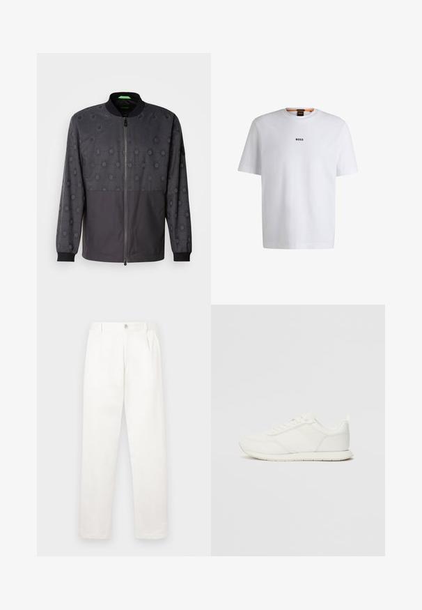 Herrejakke i mørkegrå med heksagonale mønstre, glidelås foran, ribbestrikkede mansjetter og en glatt tekstur. Pustende materiale.; Hvit bomulls T-skjorte med korte ermer, med en svart "BOSS" logo sentrert på brystet og rund halsdesign.; Hvite bukser laget av glatt stoff, med rett ben-design, frontfolder og en enkelt knappelukking i livet.; Hvit sneaker med en mesh- og syntetisk overdel, rund tå, flate lisser og en teksturert sidestropp. Gummisåle med en pull-tab bak.
