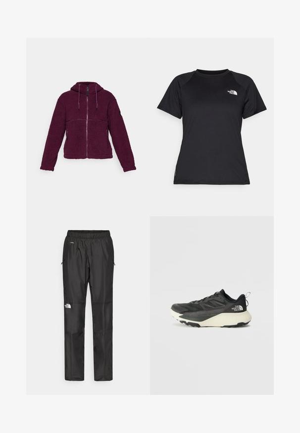 Plush purple fleece jacket with a zip front, hoodie, and adjustable drawstrings. Features side pockets and textured fabric.; Black short-sleeve athletic t-shirt with crew neck and The North Face logo on the upper left chest.; Black waterproof pants made from lightweight fabric, featuring an elastic waistband, side pockets, and a logo on the left leg.; Black athletic shoe with a textured upper, featuring gray accents and a white midsole. Includes a pull tab and prominent brand logo on the heel.
