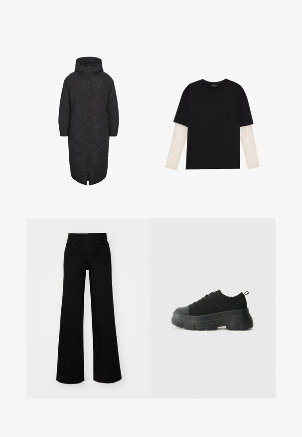 Must must coat, millel kapuutsiga, mis on varustatud täispika tõmblukuga ja teemantõmblustega. Valmistatud pehmest ja kerge kaaluga materjalist.; Mustmust särk, mis on valmistatud puuvillast, lühikeste varrukatega, valge pika varrukaga kihi peal, millel on peene tekstuuriga muster. Ümar kaelus.; Mustad mustad püksid, mis on valmistatud denimist, struktuurse vöökohtade, vöökootidega ja esikottidega. Sile tekstuur klassikalise disainiga.; Mustad mustad mustikad, millel on tugev kummist põhi, tekstuuriga kangast pealis, ümar varvas ja seotud disain. Omab tugevdatud silmuseid ja tagumist tõmbeotsta.