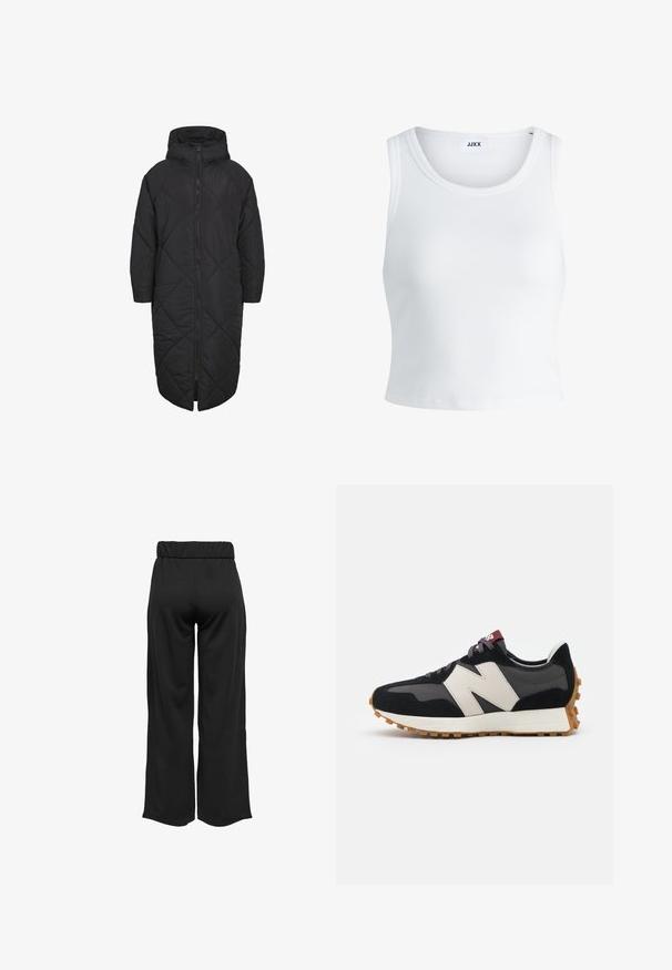 Fekete párnázott kabát kapucnival, teljes hosszú cipzárral és gyémánt alakú steppeléssel. Puha, könnyű anyagból készült.; Fehér bordás ujjatlan top, kerek nyakkivágással és rövid hosszal. A címke szerint "JJXX". Sima szövettextúra.; Fekete, bővülő szárú nadrág, elasztikus derékkal, sima anyagból készült. Tiszta dizájn jellemzi, zsebek és látható varrási részletek nélkül.; Fekete és szürke velúr sportcipő nagy krémszínű "N" logóval, lila fűzőkkel és texturált gumi talppal.