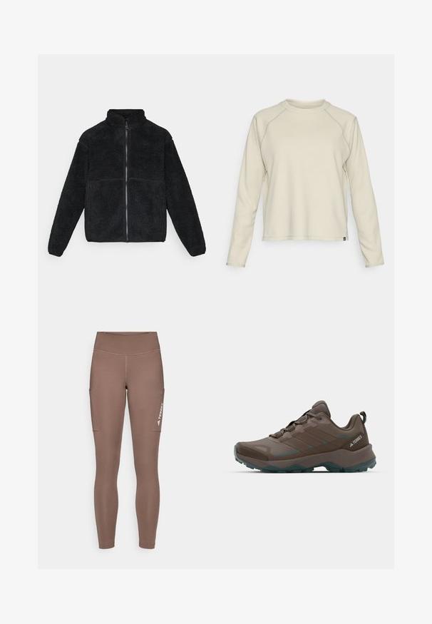 Černá fleecová bunda na zip s vysokým límcem a dlouhými rukávy, vyrobená z texturovaného sherpa materiálu.; Světle béžový dlouhý rukáv top s texturovaným, žebrovaným vzorem. Má raglánové rukávy a zaoblený výstřih. Nápadité logo značky na lemu.; Hnědé sportovní legíny s vysokým pasem, které mají boční kapsy a bílé logo. Hladký, pružný materiál pro pohodlí a pohyblivost.; Šedé a tyrkysové turistické boty s síťovinovými panely, texturovaným svrškem a robustní gumovou podrážkou. Funkce polstrovaného jazyka a šněrovacího designu.