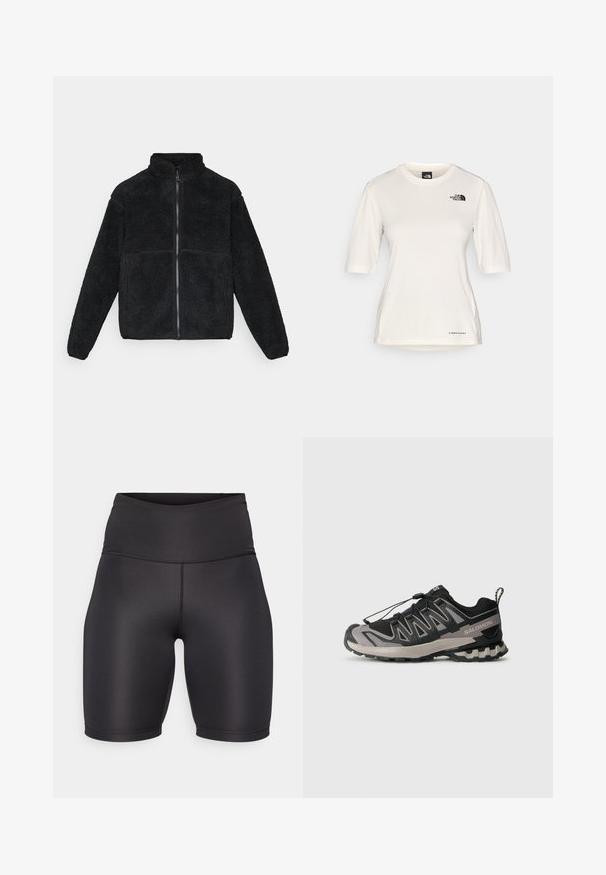 Schwarze Fleecejacke mit durchgehendem Reißverschluss, hohem Kragen und langen Ärmeln, aus strukturiertem Sherpa-Material.; The North Face SHADOW SHORT SLEEVE - Sport T-Shirt - white dune; Schwarze Sportshorts mit hohem Bund, aus glattem, dehnbarem Material. Verfügt über ein nahtloses Design und einen knielangen Schnitt.; Schwarzer und grauer Sportschuh mit einem Obermaterial aus Mesh, Gummisohle und elastischem Schnürsystem. Verfügt über eine verstärkte Zehenkappe und strukturierte Akzente.