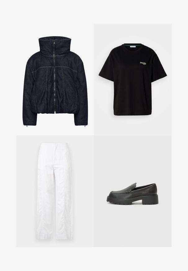 Gestuz RINOVA PUFFER - Jachetă de iarnă - dark blue unwashed; Tricou negru din bumbac cu mâneci scurte, având un mic accent de logo verde pe partea stângă a pieptului. Gât clasic de tip crew, croială lejeră.; Pantaloni albi cu croială largă, fabricați dintr-un material ușor, având o textură netedă, linii curate și un design cu talie înaltă.; Mocasini din piele neagră, cu vârf rotunjit, talpă groasă texturată și detalii minimale de cusătură. Design elegant, fără șireturi sau accesorii vizibile.