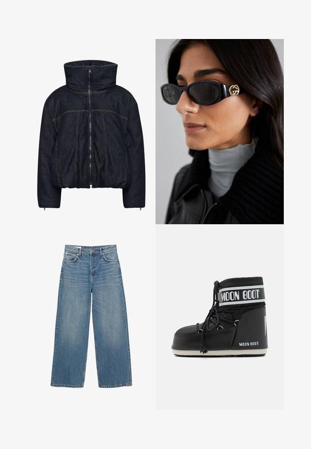 Gestuz RINOVA PUFFER - Vinterjakker - dark blue unwashed; Hvid tætsiddende T-shirt lavet af bomuld, med rund halsudskæring og korte ærmer, prydet med et lyseblåt broderet logo på forsiden.; Lyseblå bredbenede jeans lavet af denim. Funktioner inkluderer fem lommer, knaplukning og en ren kant. Blegnet hele vejen igennem for tekstur.; Sort Moon Boot med en polstret overdel, sikret med snørebånd og et karakteristisk hvidt bånd med logoet. Tykk, struktureret gummi sål.; Sorte solbriller med en strømlinet rektangulær ramme og en guld logoaccent på siden. Mørke linser og blank overflade er fremtrædende.