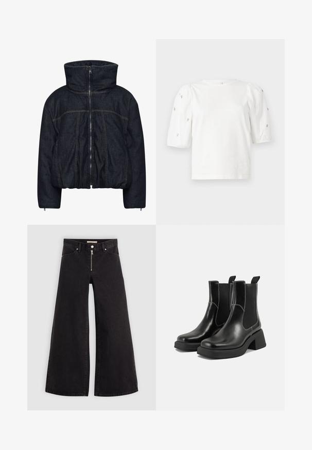 Gestuz RINOVA PUFFER - Vinterjakke - dark blue unwashed; Hvit bomull T-skjorte med korte pufferm, med små sølvdekorasjoner langs ermene. Klassisk rund hals, avslappet passform.; Vide benbukser i sort denim med glidelås i front, fem-lomme design og subtile sømdetaljer. Glatt tekstur og avslappet stil.; Sorte lær Chelsea støvler med en kraftig hæl, elastiske sidepaneler og kontrasterende hvid syning. Teksturert overflate.