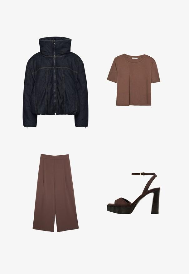 Gestuz RINOVA PUFFER - Giacca invernale - dark blue unwashed; Maglietta a maniche corte marrone realizzata in tessuto morbido, con scollatura rotonda e vestibilità rilassata. Nessun motivo o dettaglio visibile.; Pantaloni ampi marroni con una texture liscia, caratterizzati da una vita alta e pieghe frontali. Il tessuto è leggero e scorre liberamente.; Sandal in camoscio marrone con tacco alto, punta aperta, cinturino alla caviglia regolabile e suola a piattaforma striata.