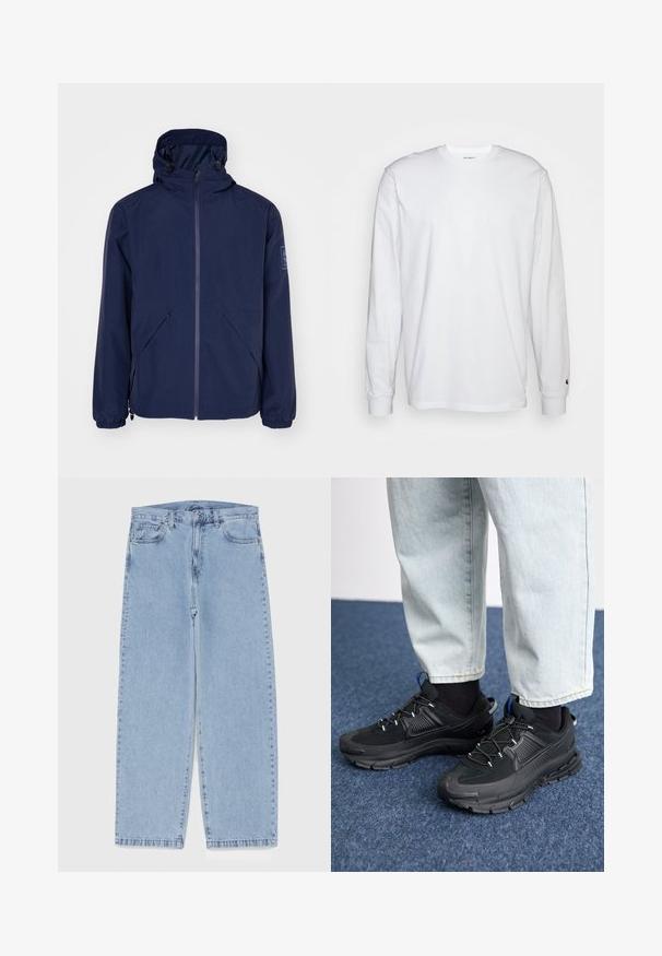 Morska vodoodporna jakna s kapuco, ki ima sprednji zadrgo, elastične manšete, dve stranski žepki in logotip na levi rokavu.; Bela dolgimi rokavi majica iz bombaža. Oblika s krožnim izrezom z rebrastimi manšetami in majhnim logotipom na levi rokavu. Gladka tekstura.; Svijetloplave traperice s ravnim nogavicama, srednjeg struka, pet džepova te zatvaranjem na gumb i munju.; Črne športne čevlje z teksturirano tkanino in gumijastimi podplati, ki imajo elastične vezalke ter modre poudarke na peti. Nosi se z lahkimi denim hlačami.