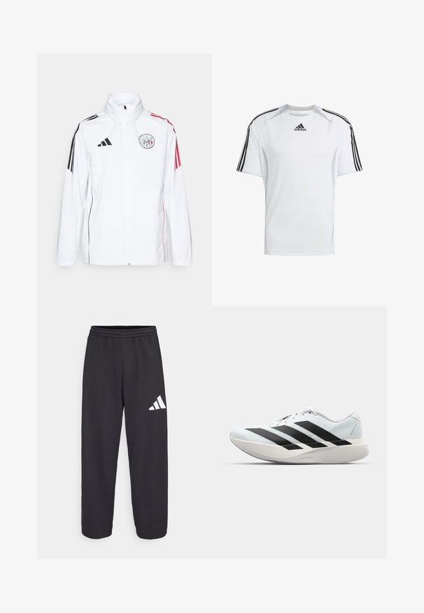 Biela bunda adidas s čiernymi akcentmi, červenými pruhmi na rukávoch, vysokým golierom a vyšívaným logom na ľavej hrudi; hladká textúra.; Biele krátke rukávy športové tričko s čiernymi Adidas trojpruhmi na pleciach, vyrobené z hladkej, ľahkej tkaniny.; Čierne tepláky so voľným strihom, s elastickým pásom a bielym geometrickým logom na ľavej nohe. Hladká textúra látky.; Ľahké bežecké topánky v svetlomodrej farbe s čiernymi pruhmi. Majú hladký zvršok, okrúle špičky a hrubú bielu medzipodrážku označenú "LIGHTSTRIKE PRO."