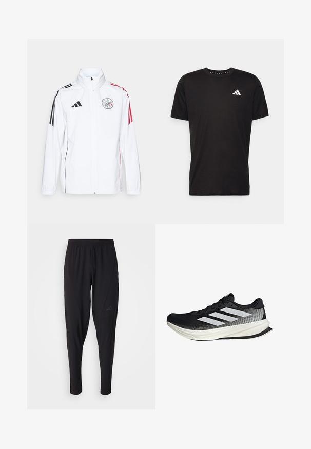 White adidas jacket with black accents, red stripes on sleeves, high collar, and an embroidered logo on the left chest; smooth texture.; Black cotton t-shirt with short sleeves, crew neckline, and a white logo on the left chest. Smooth texture and simple design.; Black athletic pants with an elastic waistband, tapered design, side pockets, and subtle logo detail. Made from flexible, breathable fabric.; Black athletic shoe with a mesh design, featuring white stripes, a rounded toe, and a textured sole for grip and support.