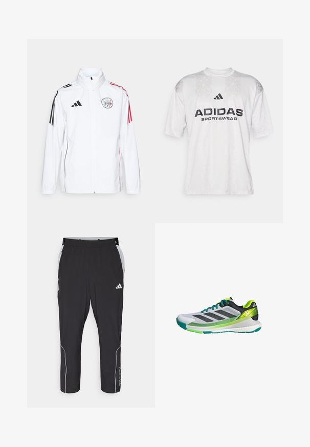 Valge adidas jope mustade aktsentidega, punased triibud varrukatel, kõrge kraega ja vasakul rinnal broderitud logo; sile tekstuur.; adidas Sportswear TIRO TEE - Trükipildiga T-särk - grey one/black; Mustad mustrikad elastse vööni, hallide külgmiste detailide, valgete peegeldavate elementide ja "Climacool" tekstiga alumisel jalal.; Hallgray ja must sportlik jalanõud roheliste aktsentidega ning võrgust ülemise osaga. Omab kolme musta triipu ja tekstuuritud tallat, et tagada haarduvus.