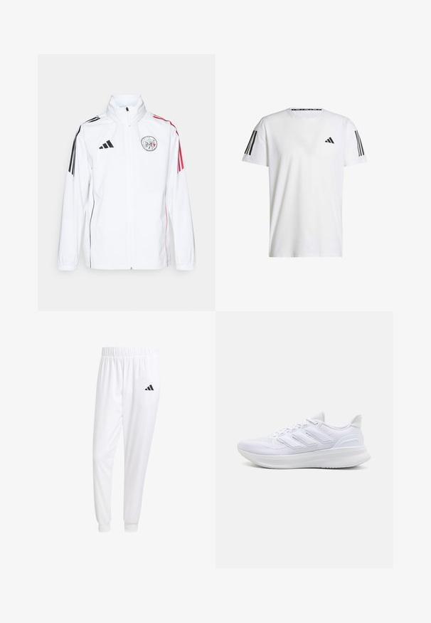White adidas jacket with black accents, red stripes on sleeves, high collar, and an embroidered logo on the left chest; smooth texture.; White short-sleeve T-shirt made of breathable fabric, featuring a black triangular logo and three black stripes on each shoulder.; White athletic pants made of smooth fabric, featuring an elastic waistband and fitted cuffs, with a black logo on the back pocket.; White athletic shoes featuring a textured mesh upper, supportive cushioned sole, and three stripe design on the side.