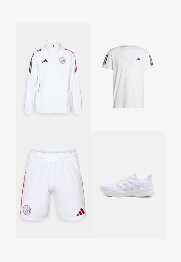 Valkoinen adidas-takki mustilla yksityiskohdilla, punaiset raidat hihoissa, korkea kaulus ja brodeerattu logo vasemmassa rinnassa; sileä pinta.; Valkoinen lyhythihainen T-paita, joka on valmistettu hengittävästä kankaasta. Paidassa on musta kolmion muotoinen logo ja kolme mustaa raitaa jokaisella olkapäällä.; Valkoiset urheilushortsit, jotka on valmistettu sileästä kankaasta, joissa on punaiset sivuviivat ja pyöreä logo vasemmassa reidessä, jossa on urheiluaiheinen emblem.; Valkoiset urheilukengät, joissa on teksturoitu verkkomateriaali ylhäällä, tukevat pehmustetut pohjat ja kolme raitaa sivussa.