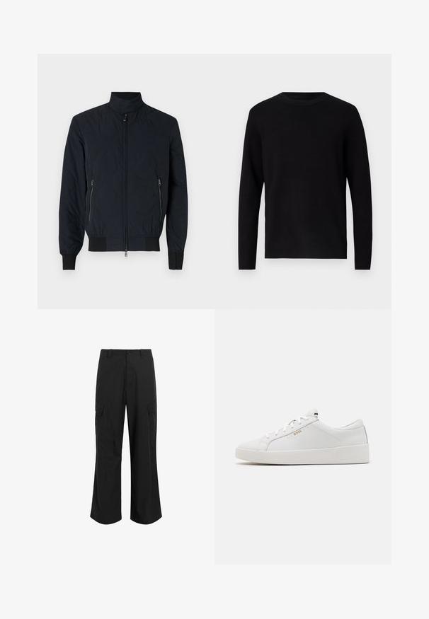 Padded black bomber jacket with a high collar, zippered front, and side pockets. Features textured circular patterns and ribbed cuffs.; Black knit sweater with a crew neckline and long sleeves. Smooth texture and solid color, featuring no visible patterns or accents.; Black cargo pants made of lightweight fabric, featuring a relaxed fit, two large side pockets, and a button closure.; BOSS BELWAR - Trainers - white