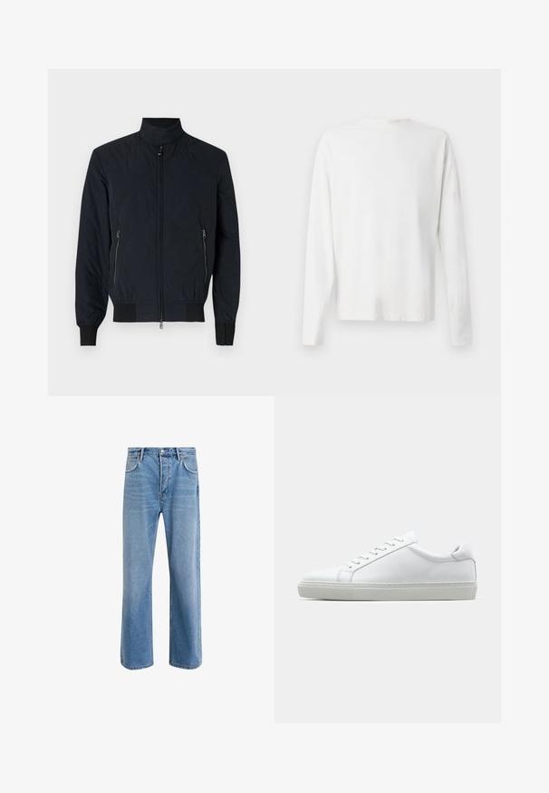 Veste bomber noire rembourrée avec un col montant, fermeture éclair à l'avant et poches latérales. Présente des motifs circulaires texturés et des poignets côtelés.; Chemise en coton blanc à manches longues avec un col rond, fentes latérales en bas et une texture lisse, présentée de dos.; Jeans en denim bleu clair avec une coupe droite, cinq poches, fermeture à bouton, peu d'usure et des détails de couture contrastés.; Sneaker blanche avec une tige en cuir lisse et un profil bas. Présente un bout arrondi, six œillets et une semelle en caoutchouc texturé.