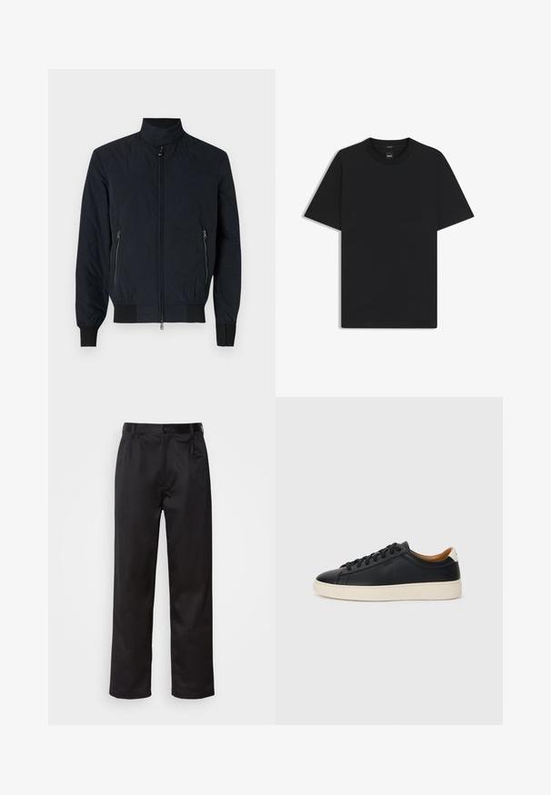Verstevigde zwarte bomberjack met een hoge kraag, rits aan de voorkant en zijzakken. Heeft getextureerde cirkelpatronen en ribgebreide manchetten.; Zwarte korte mouwen T-shirt van een gladde katoenmix, met een ronde halslijn en een minimalistisch ontwerp zonder patronen of accenten.; Zwarte broek van een gladde stof, met een sluiting met een knoop aan de voorkant, plooien en rechte pijpen. Geen zichtbare patronen of accenten.; Zwarte leren sneakers met een gladde textuur, beige rubberen zool, vetersluiting en een contrasterende hielaccent.