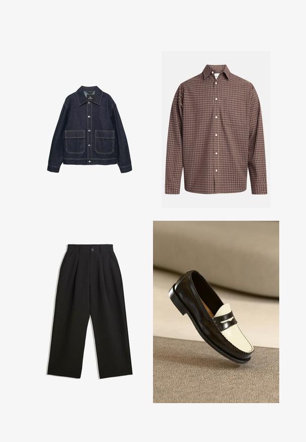 Giacca in denim scuro con colletto classico, due tasche frontali, bottoni a pressione in argento e cuciture a contrasto.; Camicia a quadri marroni con maniche lunghe, dotata di taschino sul petto e bottoni bianchi su un tessuto testurizzato.; Pantaloni neri con una vestibilità comoda, caratterizzati da pieghe frontali, tasche laterali e chiusura con bottone. Realizzati in tessuto testurizzato.; Mocassino in pelle nera con tomaia color crema e strisce nere in rilievo, caratterizzato da un tacco basso e dettagli di cucitura lungo i bordi.