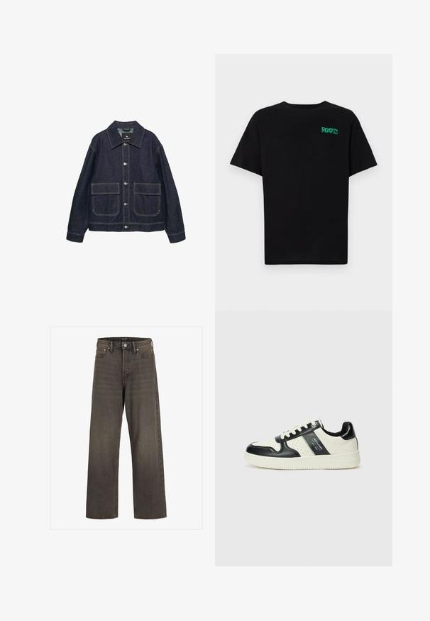 Tamni traper jakna s klasičnom kragnom, dva prednja džepa, srebrnim kopčama na dugmad i kontrastnim šavovima.; Crna majica kratkih rukava od pamuka. Na prednjem dijelu se nalazi zeleni "ROOTS" logo, okrugli izrez i standardni kroj.; Široke traperice u tamnosivom denimu, s visokim strukom, klasičnim dizajnom s pet džepova i kontrastnim šavovima duž šavova.; Kožne tenisice s crno-bijelom paletom boja, koje imaju perforirane akcentne detalje, podstavljeni ovratnik i teksturiranu potplat.
