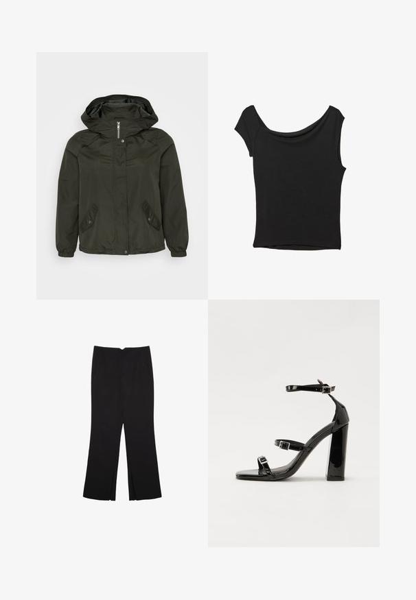 Ciemnozielona kurtka z kapturem, zapinana na zamek błyskawiczny, z napami oraz dwoma ukośnymi kieszeniami po bokach; wykonana z lekkiego, teksturowanego materiału.; Czarna bluzka z krótkim rękawem, wykonana z gładkiego materiału; posiada dekolt w stylu drapowanym oraz asymetryczny dół, z dopasowanym krojem.; Czarne spodnie o prostym kroju, z przednimi kieszeniami i bocznymi rozcięciami na dole. Wykonane z miękkiego, gładkiego materiału. Odpowiednie na różne okazje.; Czarne lakierowane sandały na obcasie z kwadratowym noskiem, z paskami wokół kostki i srebrnymi klamrami. Posiadają masywny słupek dla stabilności.