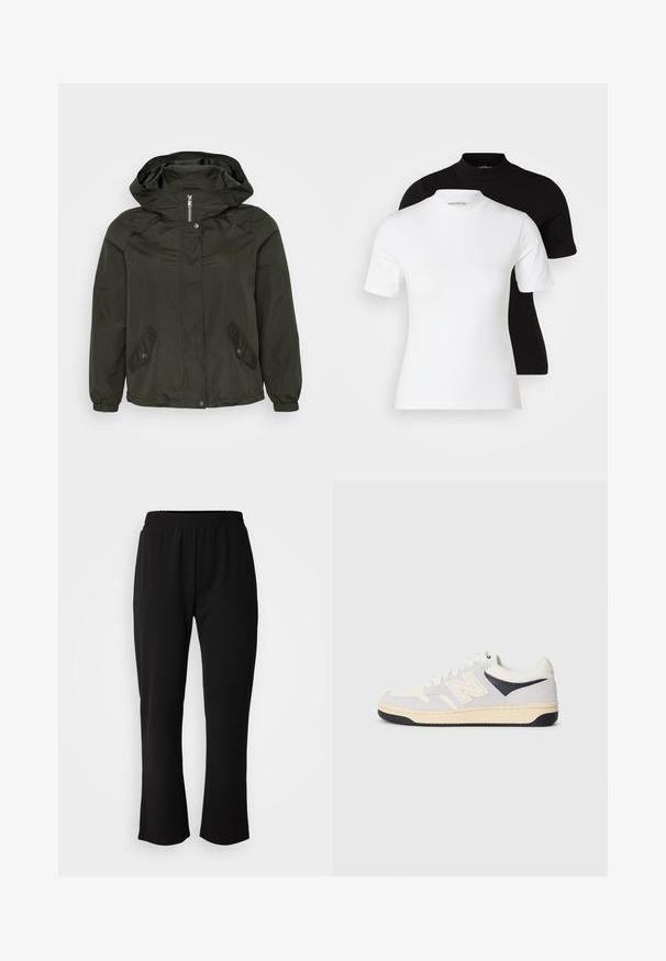 Giacca a vento verde scuro con cappuccio, chiusura con zip frontale, bottoni a scatto e due tasche laterali inclinate; realizzata in un tessuto leggero e texturizzato.; Even&Odd Petite 2 PACK - T-shirt basic - white/black; ONLY Carmakoma CARLAMA STRAIGHT - Pantaloni - black; Sneaker sportivo in bianco, grigio e nero. Presenta materiali in suede e tessuto, punta perforata e logo sul lato. Suola in gomma.