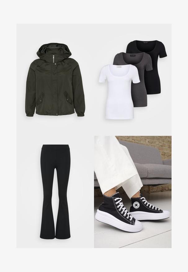 Tmavě zelená kapucí zdobená bunda se zipem vpředu, patentkami a dvěma šikmými bočními kapsami; vyrobena z lehké, strukturované tkaniny.; Tři přiléhavé trička v bílé, šedé a černé barvě. Každé má široký výstřih a krátké rukávy. Vyrobeno z hladké, pružné tkaniny.; Černé zvonové kalhoty vyrobené z elastického materiálu, s vysokým pasem a hladkou texturou. Kalhoty se rozšiřují od kolene.; Černé vysoké tenisky s bílými gumovými podrážkami a tkaničkami. Mají kulatou nášivku s logem a kontrastní bílé prošití. Materiál plátno.