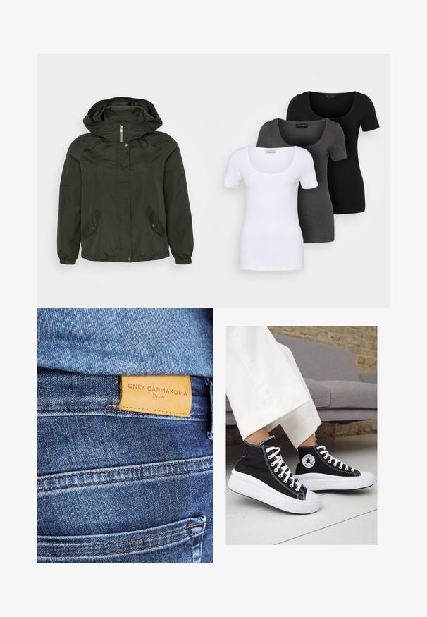 Tmavozelená kapucňová bunda so zipsom vpredu, cvokmi a dvoma naklonenými bočnými vreckami; vyrobená z ľahkej, textúrované látky.; Tričko v bielej, šedej a čiernej farbe s priliehavým strihom. Každé má široký výstrih a krátke rukávy. Vyrobené z hladkej, elastickej tkaniny.; Modré džínsy vyrobené z denimu, so síce hnedou koženou nášivkou s nápisom "ONLY CARMKOMA Denim", viditeľným šitím a detailom bočnej vrecku.; Čierne plátkové tenisky s vysokým strihom a bielymi gumovými podrážkami a šnúrkami. Majú okrúhly logotyp na boku a kontrastné biele stehy.
