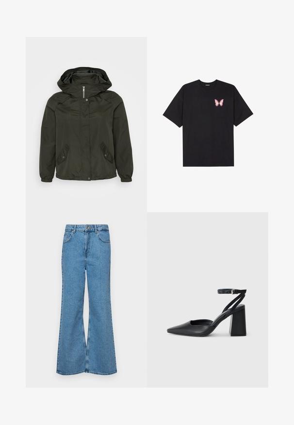 Dark green hooded jacket with a zippered front, snap buttons, and two slanted side pockets; made from lightweight, textured fabric.; Black cotton t-shirt with short sleeves, featuring a small pink butterfly graphic on the left chest. Crew neck design with a relaxed fit.; Light blue flared jeans made of denim, featuring a high waist, five pockets, and a single button closure. Soft texture with faded finish.; Black leather pointy-toe pump with an ankle strap and a chunky heel. Flat texture, sleek design, and minimalistic aesthetics.