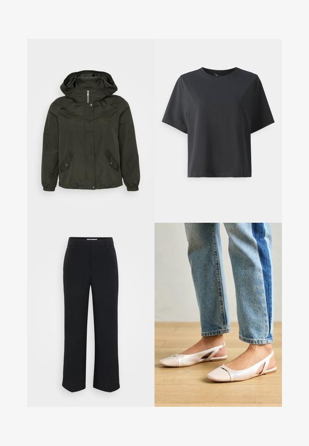 Σκούρο πράσινο μπουφάν με κουκούλα, που κλείνει με φερμουάρ, με κουμπιά σταμπαρίσματος και δύο διαγώνιες πλευρικές τσέπες; φτιαγμένο από ελαφρύ, υφασματισμένο ύφασμα.; Μαύρη βαμβακερή μπλούζα, κοντά μανίκια, στρογγυλή λαιμόκοψη, χαλαρή εφαρμογή, λεία υφή, απλός σχεδιασμός, χωρίς μοτίβα ή διακοσμητικά.; Μαύρο παντελόνι φαρδιάς γραμμής με λεία υφή, διαθέτοντας επίπεδη ζώνη και πλαϊνές τσέπες, σχεδιασμένο με μινιμαλιστική αισθητική.; Ανοιχτό ροζ εσπαντρίγες με μυτερές μύτες, κατασκευασμένες από υλικό που μοιάζει με δέρμα. Διαθέτουν κομψές κοπές στα πλάγια και επίπελο τακούνι.