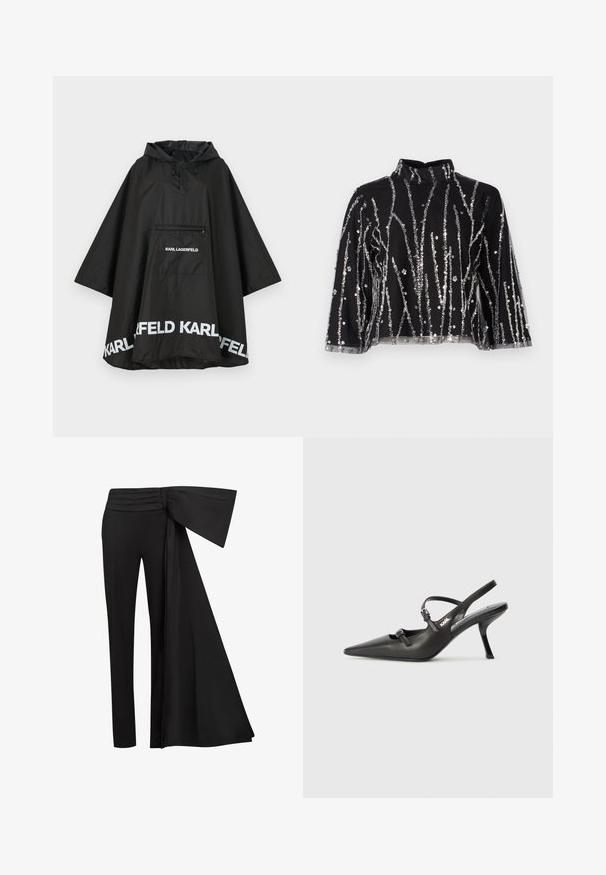 Črn vodoodporen pončo s kapuco, ki ima sprednji žep in bele logotipske detajle ob robu. Gladek, lahek material.; Črn skrajšan top z visokim ovratnikom, ki ima srebrne sequins vertikalne črte, prosojne rokave in teksturirano blago.; Črne hlače z širokim, drapiranim pasom na pasu. Gladko blago, ravna kroja in nabran pas.; Črne usnjene sandale na peto s koničastim nosom, vitko peto in okrasno zaponko na sprednjem delu. Gladka tekstura in eleganten dizajn.