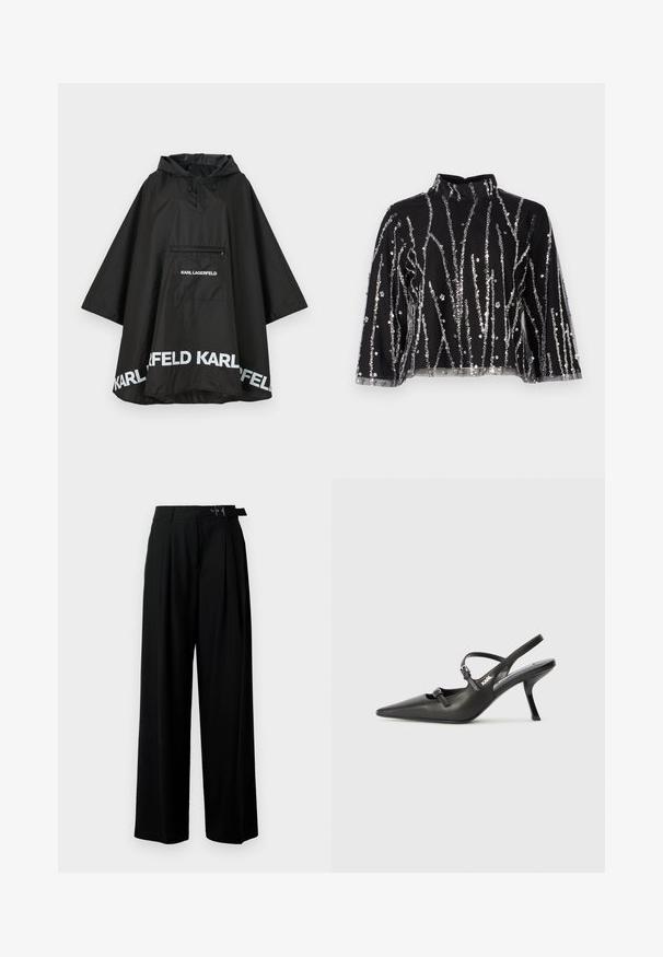 Svart vanntett poncho med hette, med en frontlomme og hvit logo detaljering langs kanten. Glatt, lett materiale.; Svart topp med høy hals, prydet med sølvfargede paljetter i vertikale linjer, gjennomsiktige ermer og teksturert stoff.; Svarte vide bukser med høy livlinje, folder foran og belte med spenne. Laget av glatt, lett materiale.; Sorte skinn slingback-hæler med spiss tå, slank hæl og dekorativ spenne detalj på vampsiden. Glatt tekstur og stilrent design.