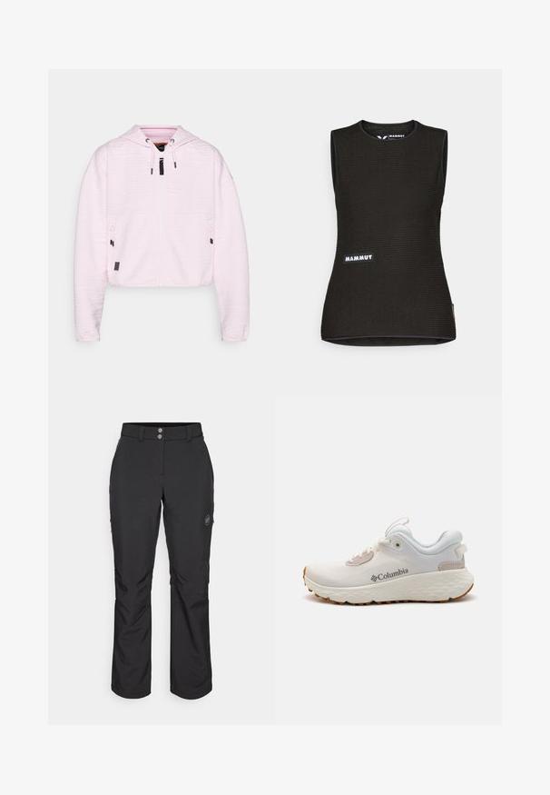 Felpa corta di colore rosa chiaro con tessuto testurizzato, zip frontale, due tasche con zip e lacci regolabili sul cappuccio.; Canottiera nera senza maniche con un motivo texturizzato, caratterizzata da un colletto rotondo e un logo "MAMMUT" sul davanti. Realizzata in materiale traspirante.; Pantaloni outdoor neri con taglio dritto, dotati di chiusura con bottone, tasche laterali con zip e una patch con logo sulla coscia sinistra.; Scarpa atletica leggera Columbia in rete bianca con suola grigia testurizzata e trazione in gomma. Presenta un colletto imbottito e un design con lacci.