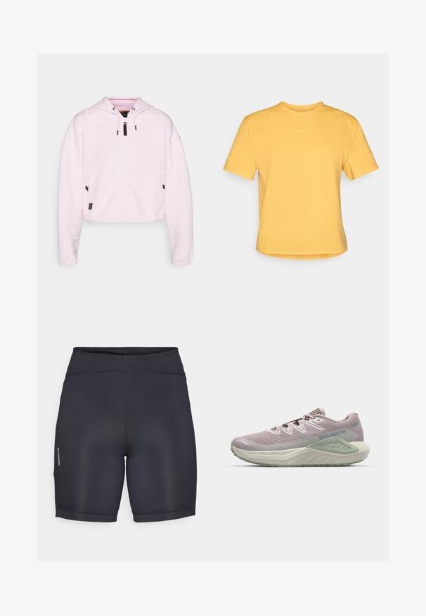 Svijetloružičasta kratka kapuljača od teksturiranog materijala, s prednjim patentnim zatvaračem, dva džepa s patentnim zatvaračem i podesivim vezicama na kapuljači.; Žuta majica kratkih rukava s okruglim izrezom, izrađena od mekog materijala. Ima suptilan logo na prsima i ravni rub.; Crne atletske kratke hlače od glatkog, rastezljivog materijala. Imaju visoki pojas i božne detalje s logotipom. Jednostavan, elegantan dizajn.; Ljubičasta mrežasta trkačka cipela s teksturiranim detaljima, bijelim akcentima i svijetlozelenim potplatom. Ima podstavljeni ovratnik i zatvaranje s vezicama.