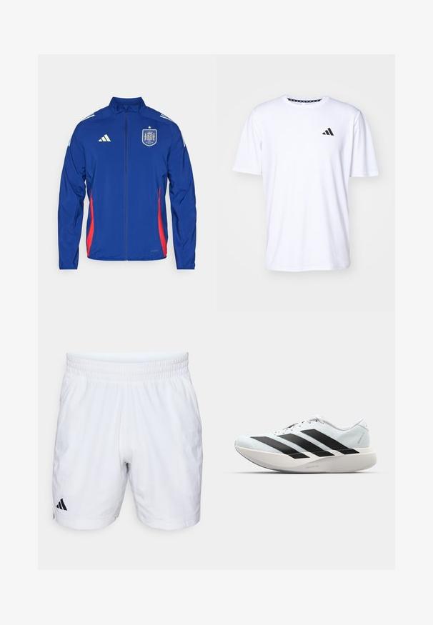 adidas Performance SPAIN 2024 TIRO PRESENTATION - Equipación de selecciones - victory blue/ray red; Camiseta blanca de manga corta fabricada con una tela de textura suave. Presenta un logo negro de adidas en el lado izquierdo del pecho y un cuello con un patrón.; Pantalones cortos deportivos blancos con una cintura elástica, que presentan una tela texturizada y un logo negro de Adidas en la parte inferior izquierda.; Zapatillas de running ligeras en azul pálido con rayas negras. Presentan una parte superior suave, puntera redonda y una gruesa mediasuela blanca etiquetada como "LIGHTSTRIKE PRO".