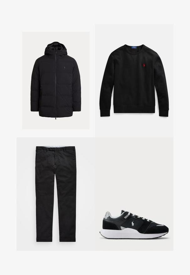 Czarna kurtka puchowa z kapturem, pionowym pikowaniem, zamkiem błyskawicznym z przodu oraz kieszeniami po bokach; minimalistyczne logo na piersi.; Czarna bluza z okrągłym dekoltem wykonana z bawełny, z małym czerwonym logo na lewej piersi oraz ściągaczami na mankietach i dole.; Czarne chinosy o prostym kroju, wykonane z mieszanki bawełny, z zapięciem na zamek, szlufkami na pasek i kieszeniami bocznymi. Gładka tekstura.; Czarno-białe niskie trampki z siateczkowym i zamszowym wierzchem, białymi sznurówkami, białą podeszwą oraz logo zawodnika polo z boku.